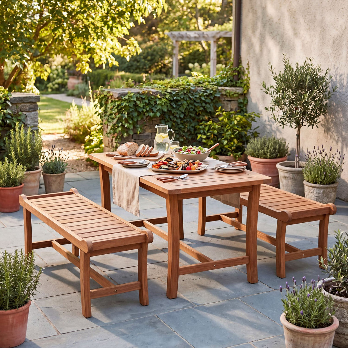 2-Person Outdoor Wood Bench with Slatted Seat and Raised Edges-Set of 2 view 2