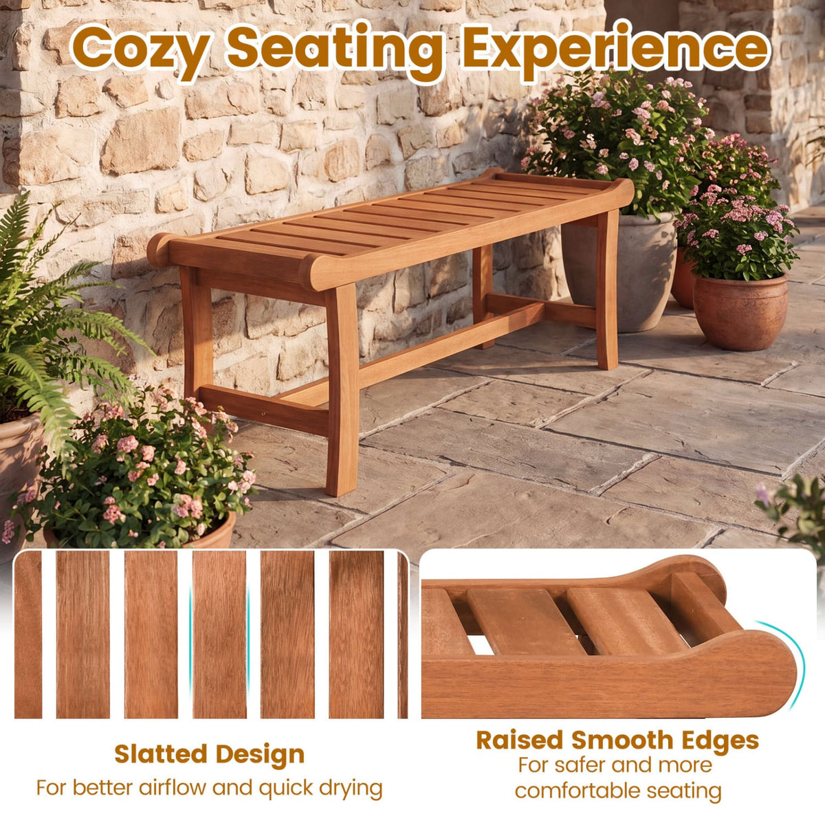 2-Person Outdoor Wood Bench with Slatted Seat and Raised Edges-1 Piece view 6