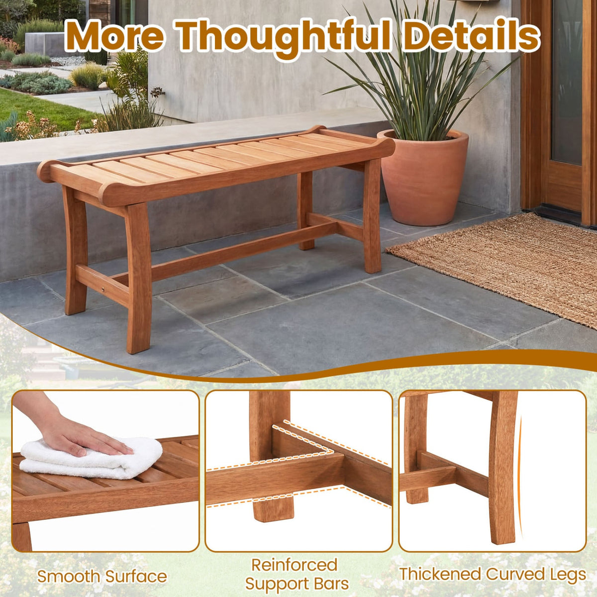 2-Person Outdoor Wood Bench with Slatted Seat and Raised Edges-1 Piece view 9