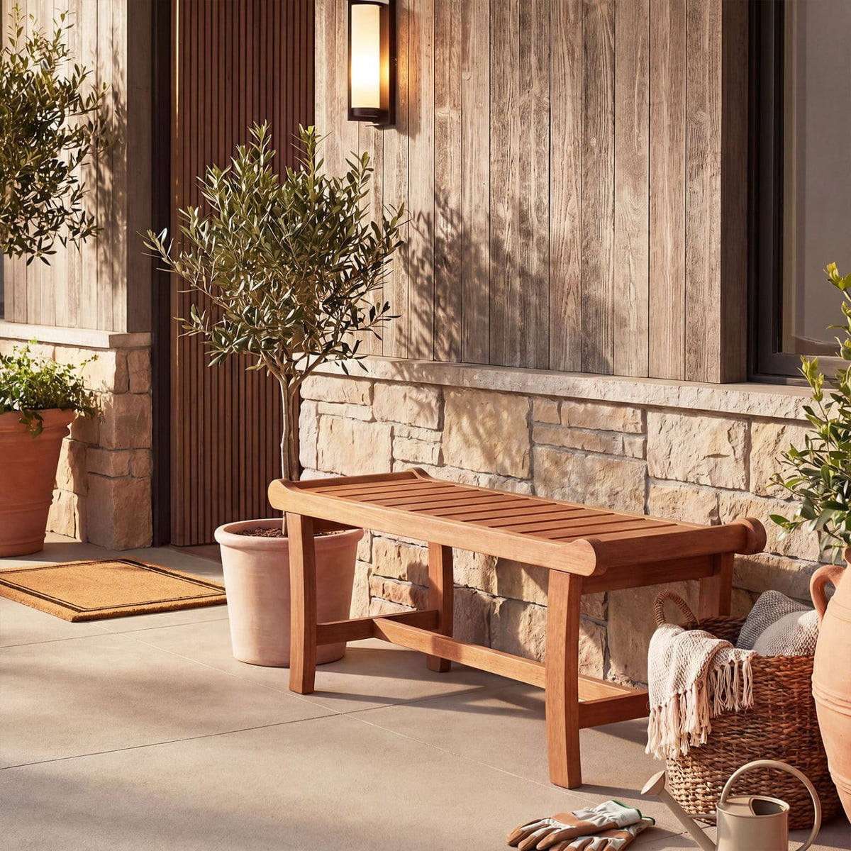 2-Person Outdoor Wood Bench with Slatted Seat and Raised Edges-1 Piece view 2