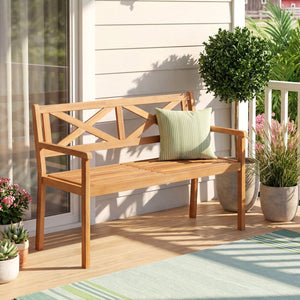 2-Person Patio Acacia Wood Garden Chair with Armrests and Backrest for Backyard view 2