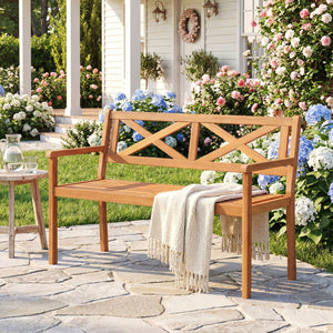 2-Person Patio Acacia Wood Garden Chair with Armrests and Backrest for Backyard view 3