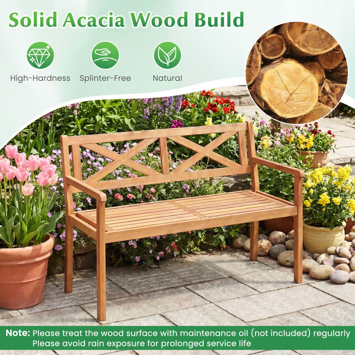 2-Person Patio Acacia Wood Garden Chair with Armrests and Backrest for Backyard view 6