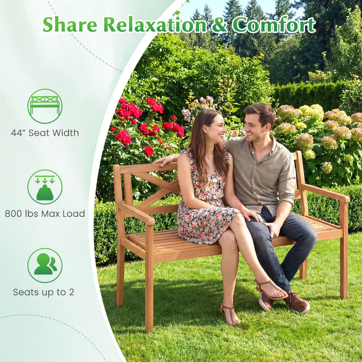 2-Person Patio Acacia Wood Garden Chair with Armrests and Backrest for Backyard view 8