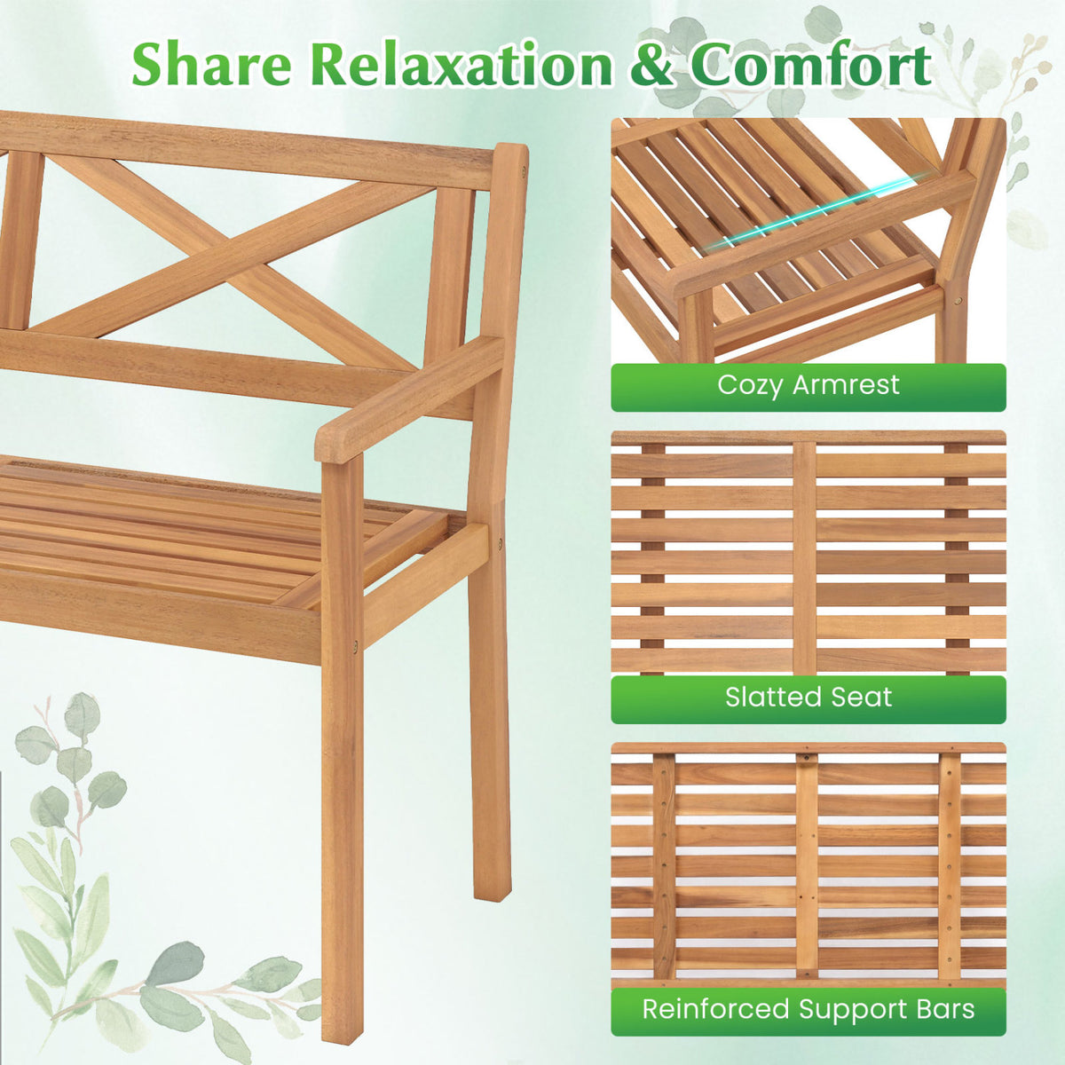 2-Person Patio Acacia Wood Garden Chair with Armrests and Backrest for Backyard view 9