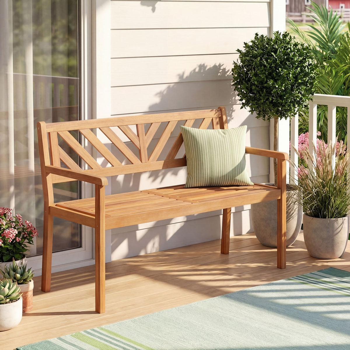 2-Person Patio Acacia Wood Garden Chair with Armrests and Backrest for Porch view 2