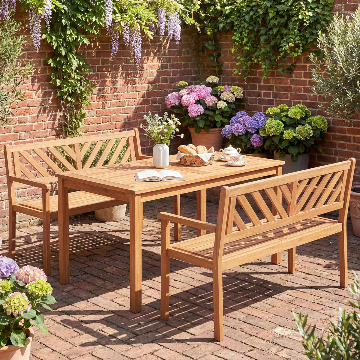 2-Person Patio Acacia Wood Garden Chair with Armrests and Backrest for Porch view 5