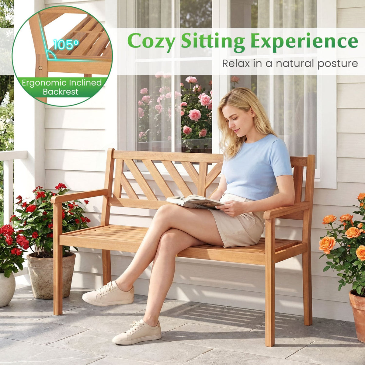 2-Person Patio Acacia Wood Garden Chair with Armrests and Backrest for Porch view 7
