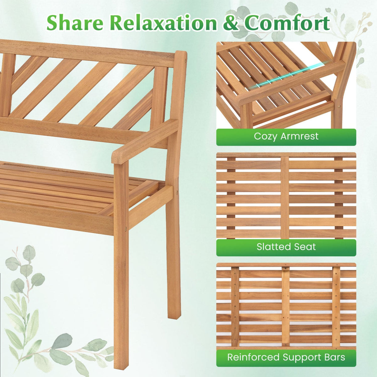 2-Person Patio Acacia Wood Garden Chair with Armrests and Backrest for Porch view 9