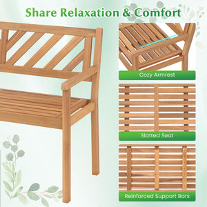 2-Person Patio Acacia Wood Garden Chair with Armrests and Backrest for Porch view 9