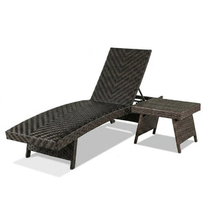 2-Piece Folding Padded Rattan Patio Chaise Lounge with Side Table Set