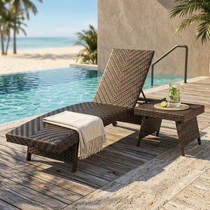 2-Piece Folding Padded Rattan Patio Chaise Lounge with Side Table Set view 2