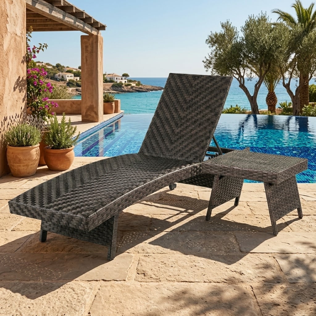 2-Piece Folding Padded Rattan Patio Chaise Lounge with Side Table Set view 3