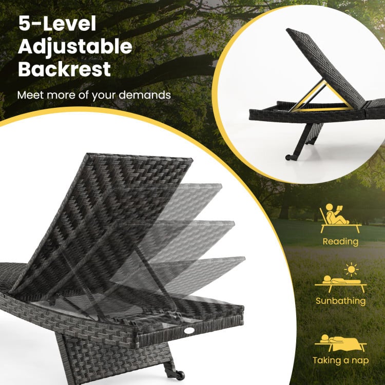 2-Piece Folding Padded Rattan Patio Chaise Lounge with Side Table Set view 6