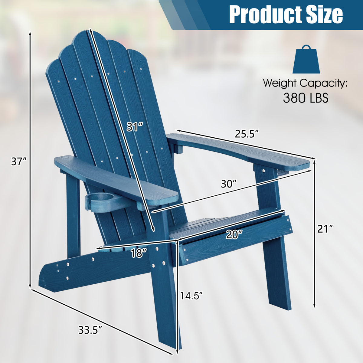 2 Pieces Adirondack Chair Set with Ergonomic Design for Porch and Backyard-Navy view 4