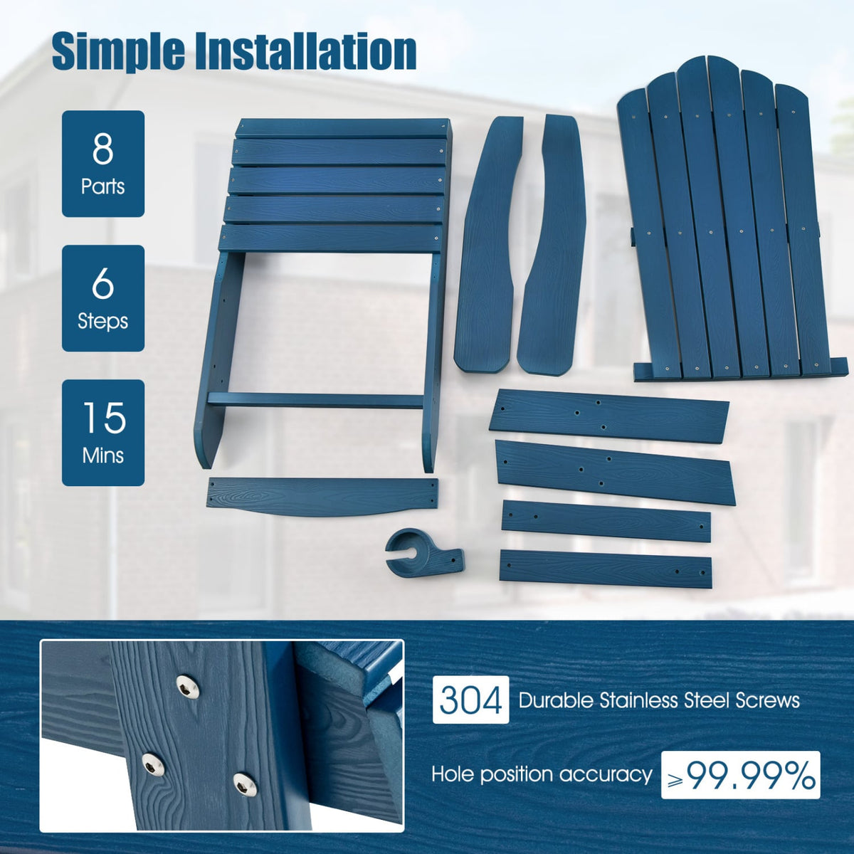 2 Pieces Adirondack Chair Set with Ergonomic Design for Porch and Backyard-Navy view 9