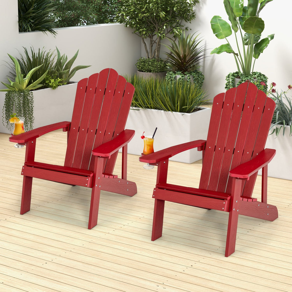 2 Pieces Adirondack Chair Set with Ergonomic Design for Porch and Backyard-Red view 2