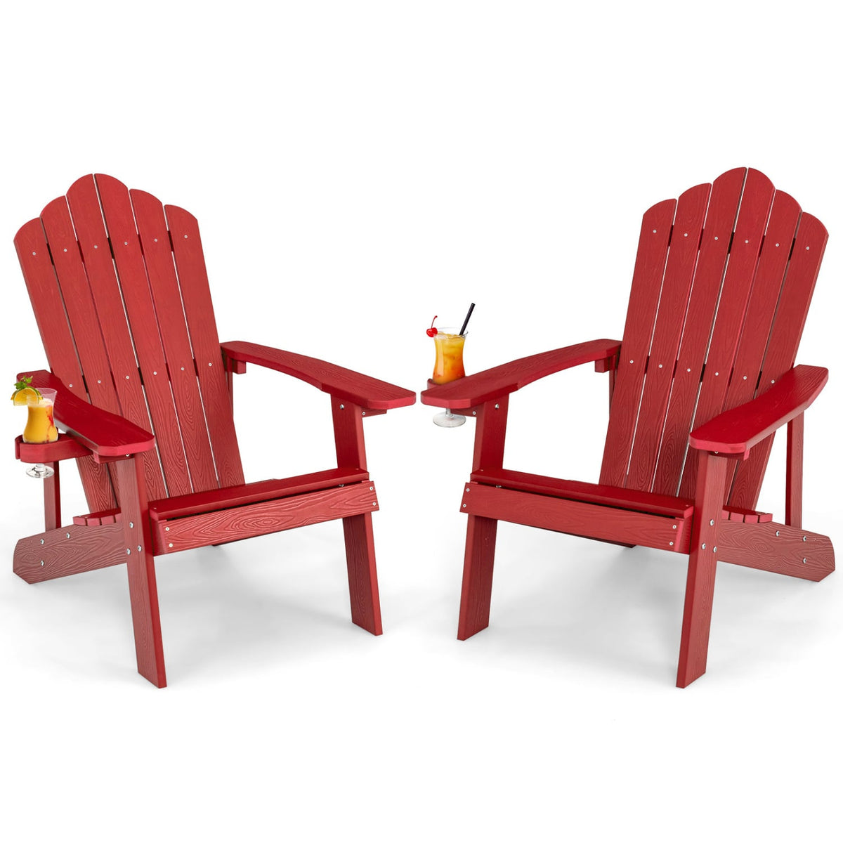 2 Pieces Adirondack Chair Set with Ergonomic Design for Porch and Backyard-Red