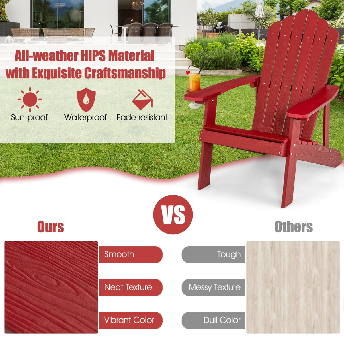 2 Pieces Adirondack Chair Set with Ergonomic Design for Porch and Backyard-Red view 7