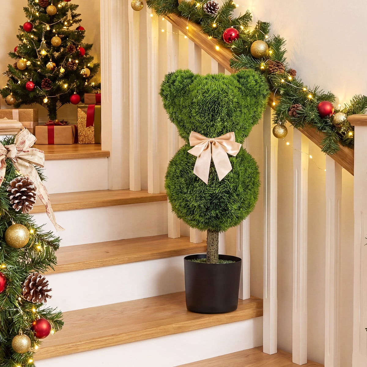 2 Pieces Bear Topiary Trees with Pots Sun-resistant Bear-Shaped Boxwood Faux Plants view 5