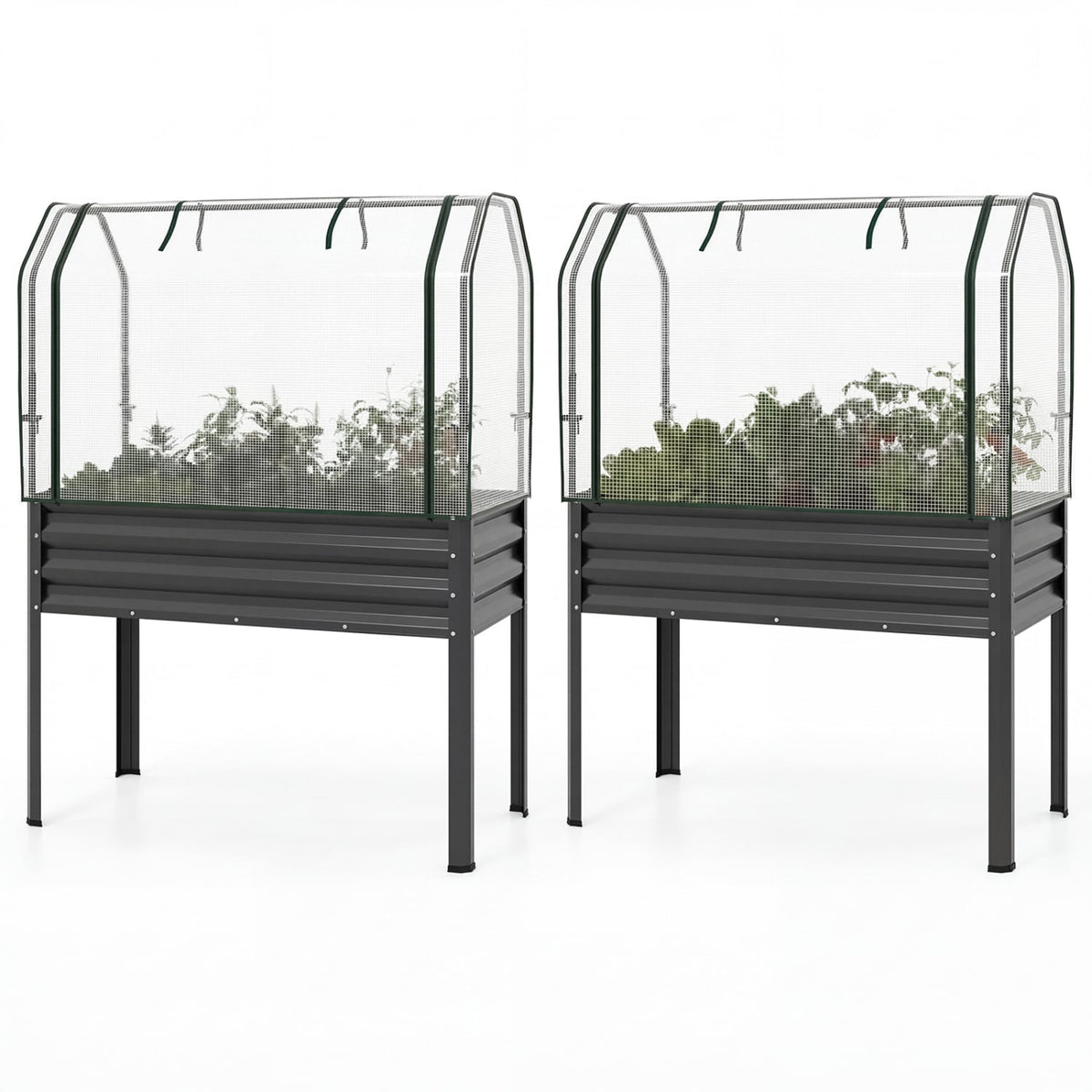 2 Pieces Galvanized Raised Garden Bed with Legs and Greenhouse Cover for Vegetable Flower-Gray view 4