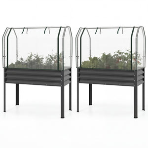 2 Pieces Galvanized Raised Garden Bed with Legs and Greenhouse Cover for Vegetable Flower-Gray view 4
