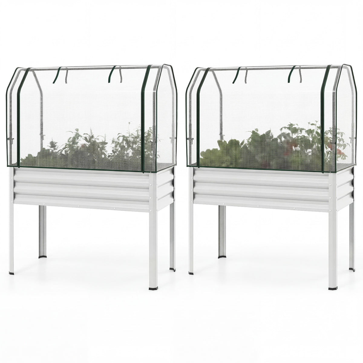 2 Pieces Galvanized Raised Garden Bed with Legs and Greenhouse Cover for Vegetable Flower-Silver view 4