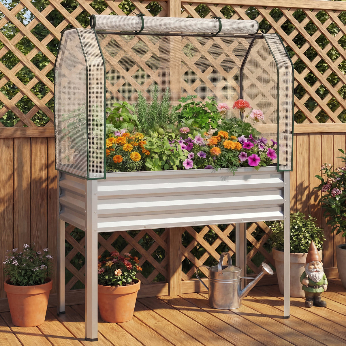2 Pieces Galvanized Raised Garden Bed with Legs and Greenhouse Cover for Vegetable Flower-Silver view 2