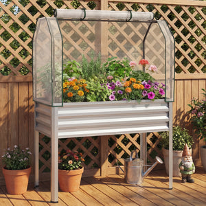 2 Pieces Galvanized Raised Garden Bed with Legs and Greenhouse Cover for Vegetable Flower-Silver view 2