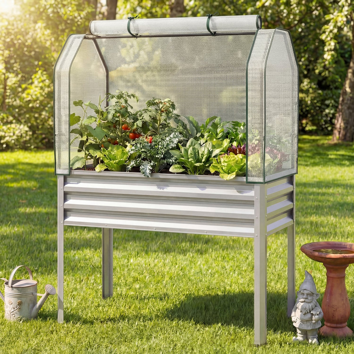 2 Pieces Galvanized Raised Garden Bed with Legs and Greenhouse Cover for Vegetable Flower-Silver view 3