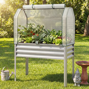 2 Pieces Galvanized Raised Garden Bed with Legs and Greenhouse Cover for Vegetable Flower-Silver view 3