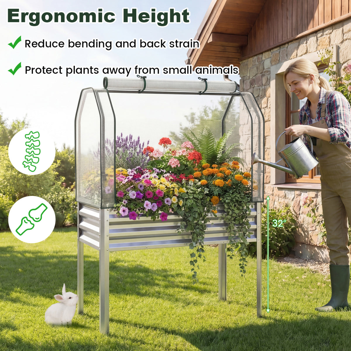 2 Pieces Galvanized Raised Garden Bed with Legs and Greenhouse Cover for Vegetable Flower-Silver view 6
