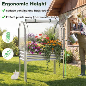2 Pieces Galvanized Raised Garden Bed with Legs and Greenhouse Cover for Vegetable Flower-Silver view 6