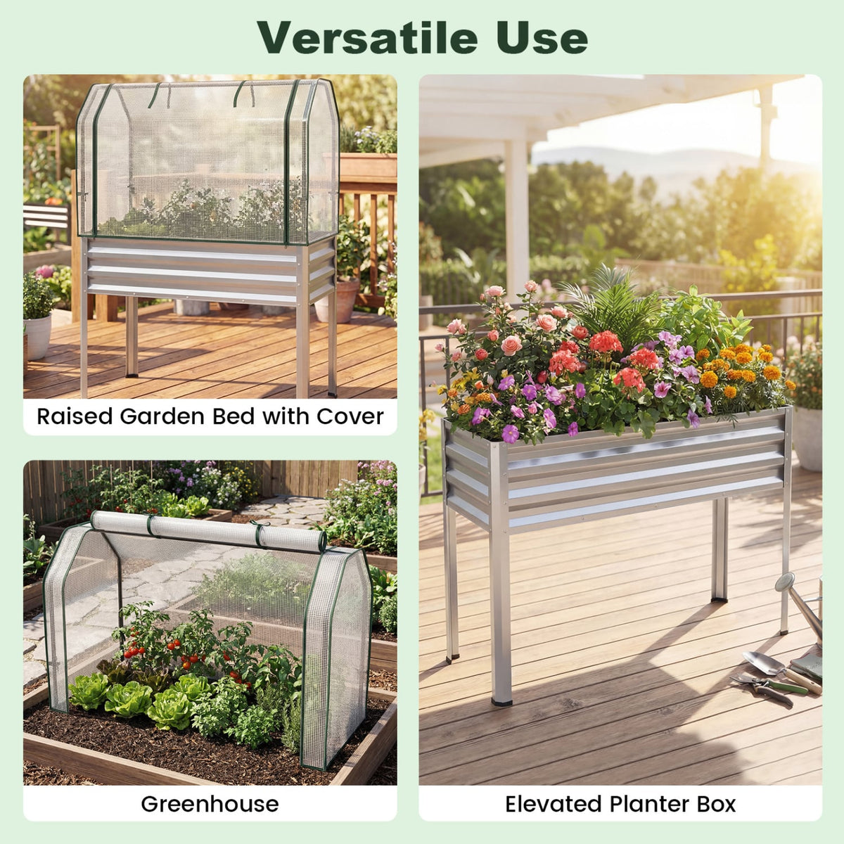 2 Pieces Galvanized Raised Garden Bed with Legs and Greenhouse Cover for Vegetable Flower-Silver view 7