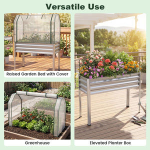 2 Pieces Galvanized Raised Garden Bed with Legs and Greenhouse Cover for Vegetable Flower-Silver view 7