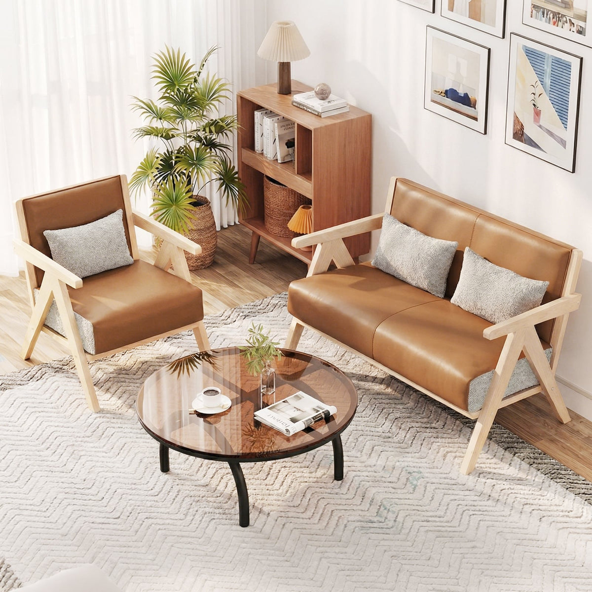 2 Pieces Living Room Furniture Set with Rubber Wood Frame-Brown view 2