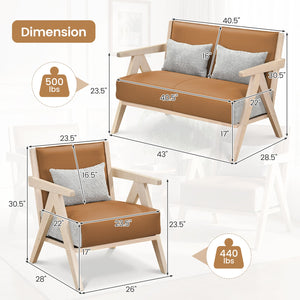 2 Pieces Living Room Furniture Set with Rubber Wood Frame-Brown view 4