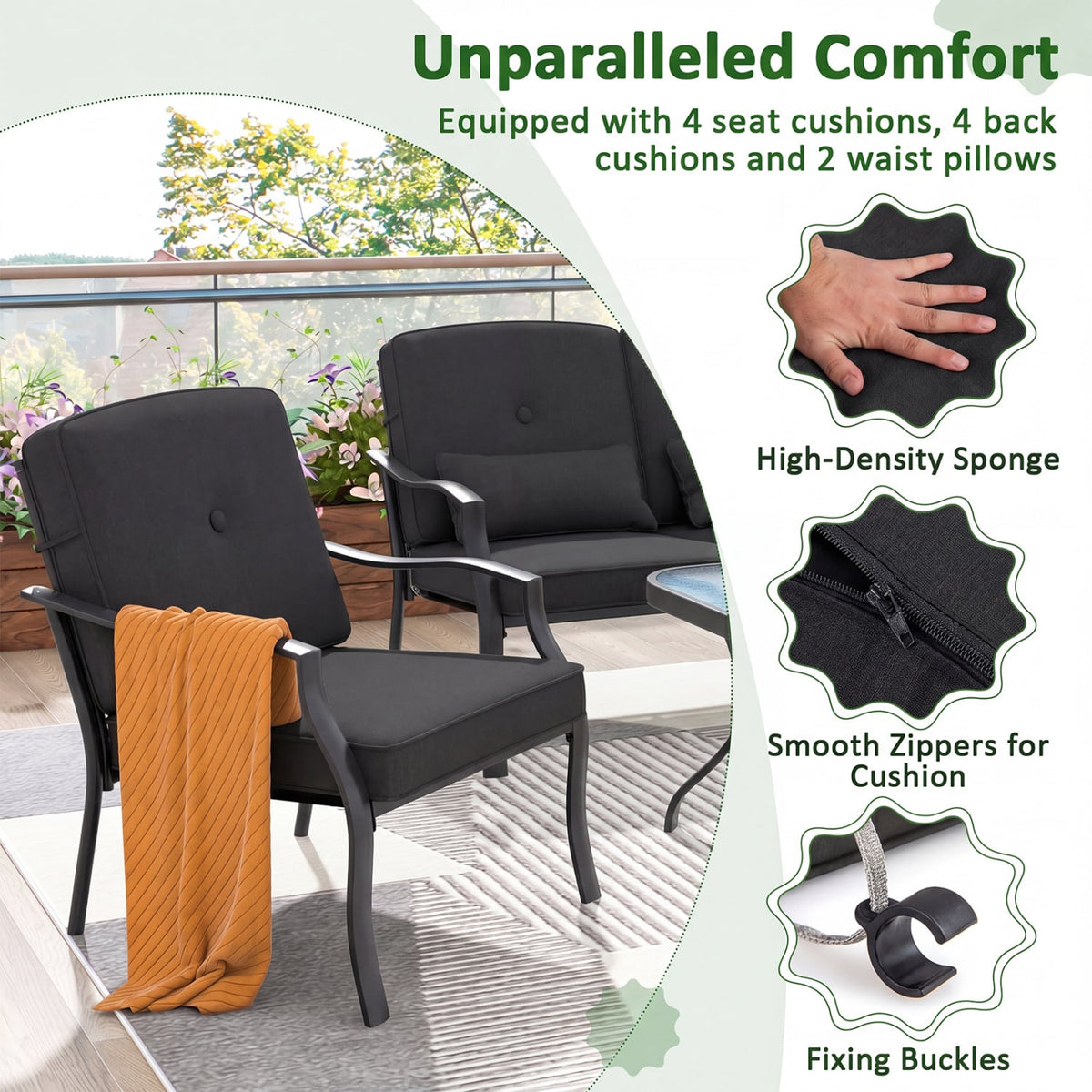 2 Pieces Patio Metal Chairs with Seat and Back Cushions for Yard-Black view 5