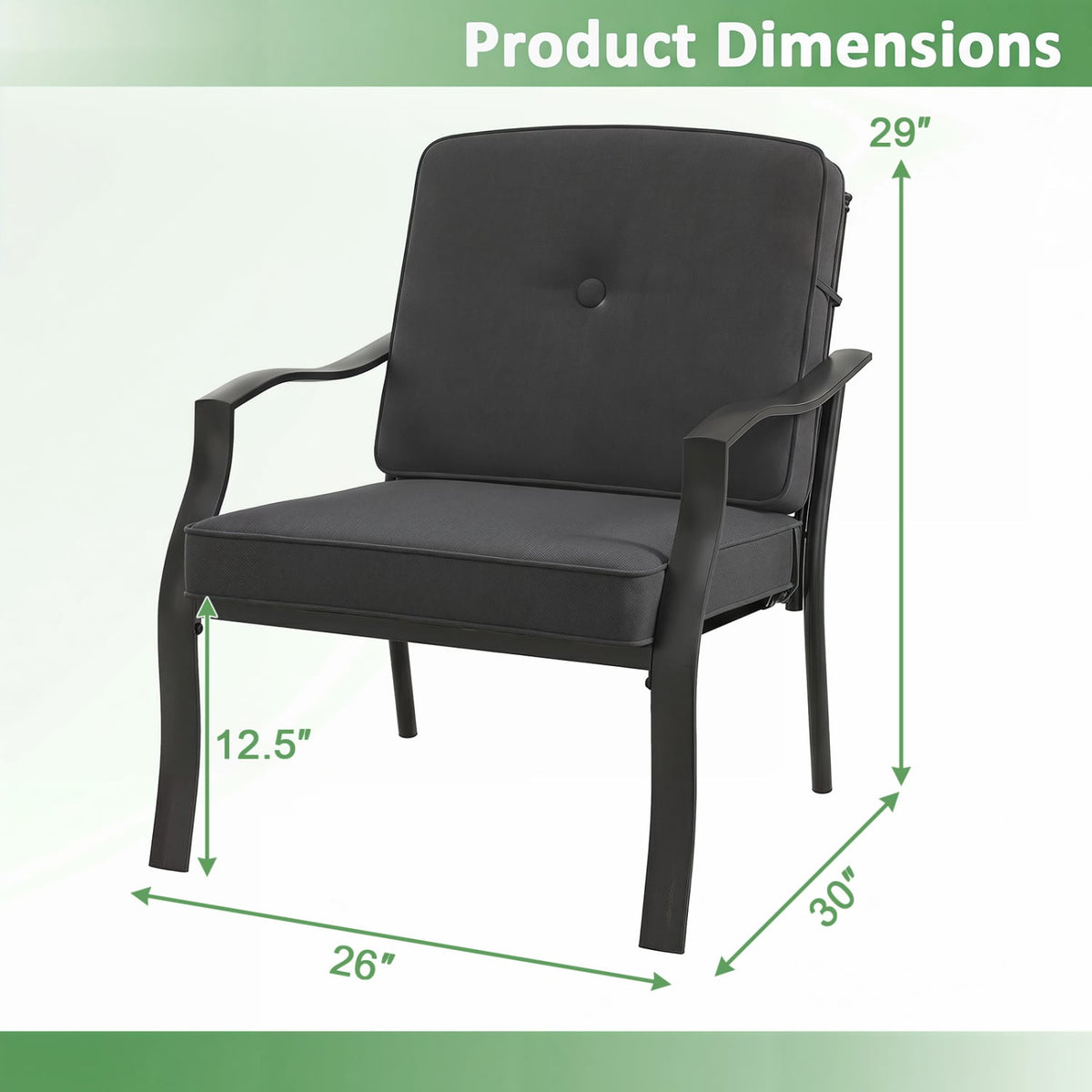 2 Pieces Patio Metal Chairs with Seat and Back Cushions for Yard-Black view 3