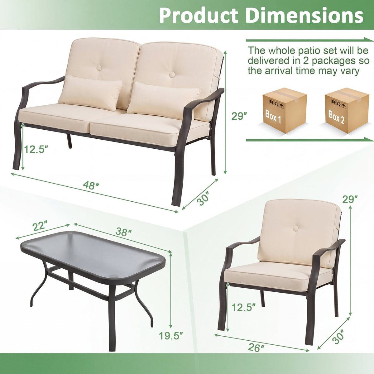 2 Pieces Patio Metal Chairs with Seat and Back Cushions for Yard-Beige view 3
