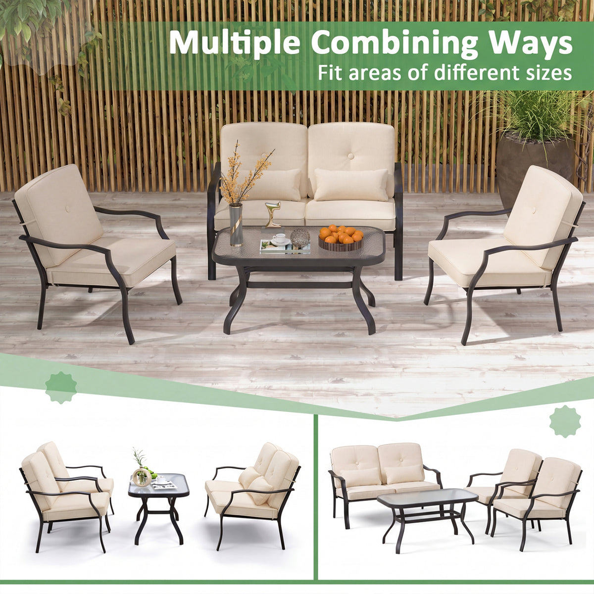 2 Pieces Patio Metal Chairs with Seat and Back Cushions for Yard-Beige view 6