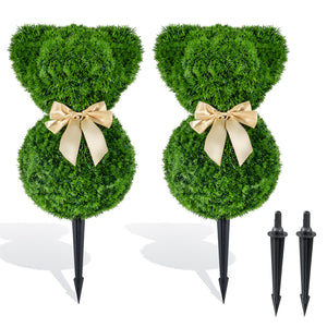 2 Pieces Teddy Bear Topiary Trees Sun-resistant Faux Boxwood Plants with Bowknot