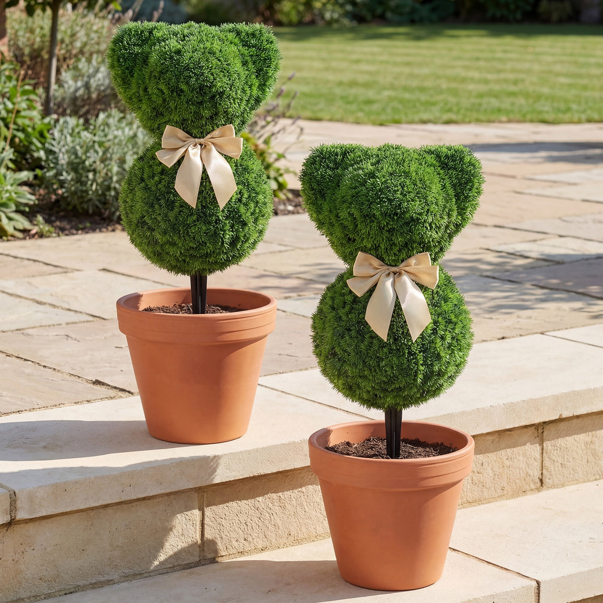 2 Pieces Teddy Bear Topiary Trees Sun-resistant Faux Boxwood Plants with Bowknot view 2