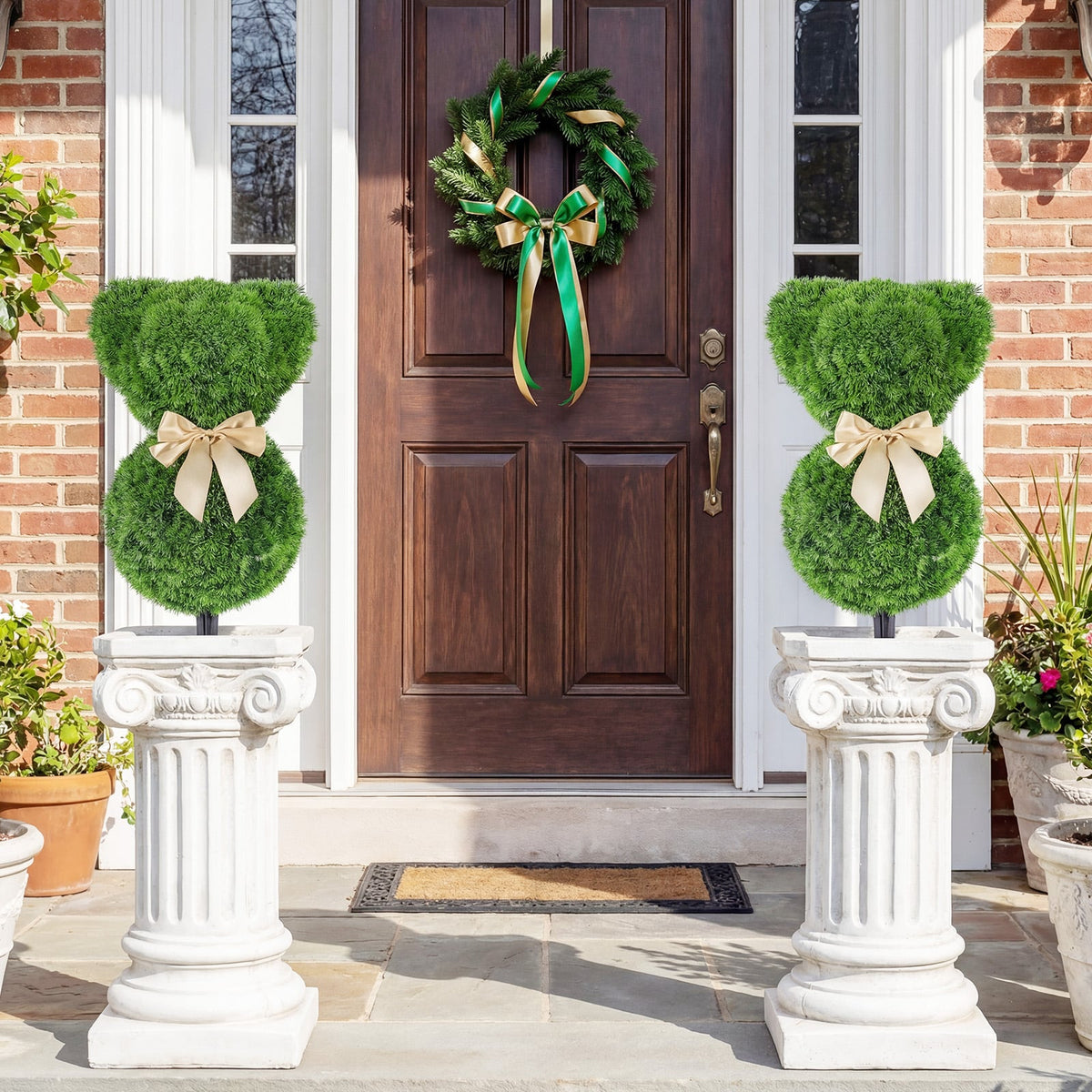 2 Pieces Teddy Bear Topiary Trees Sun-resistant Faux Boxwood Plants with Bowknot view 3