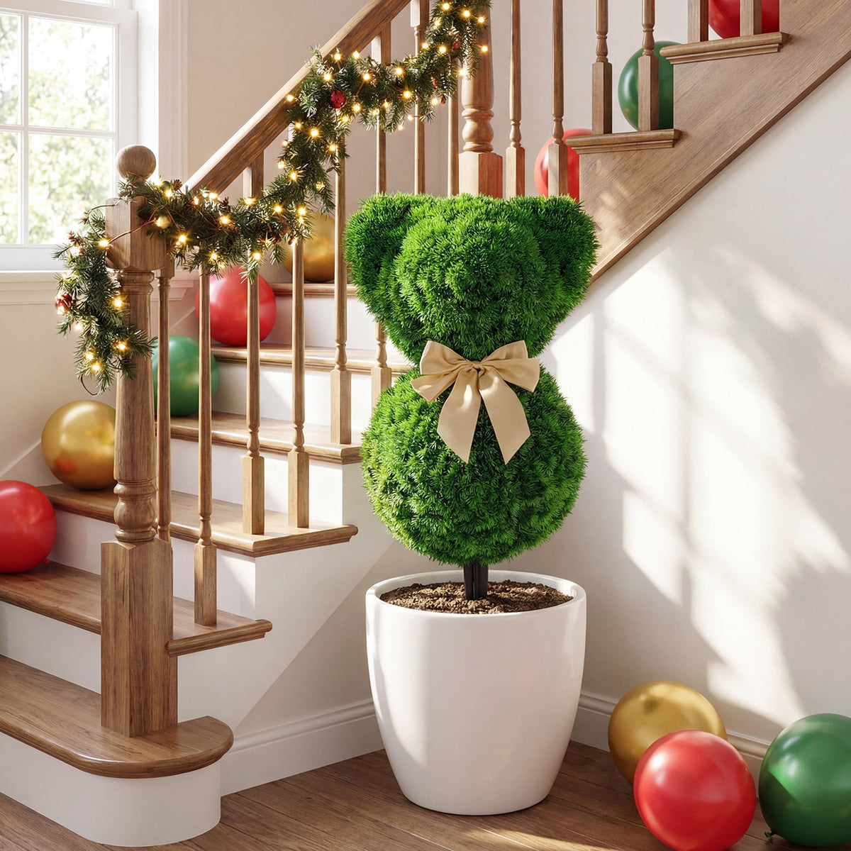 2 Pieces Teddy Bear Topiary Trees Sun-resistant Faux Boxwood Plants with Bowknot view 6