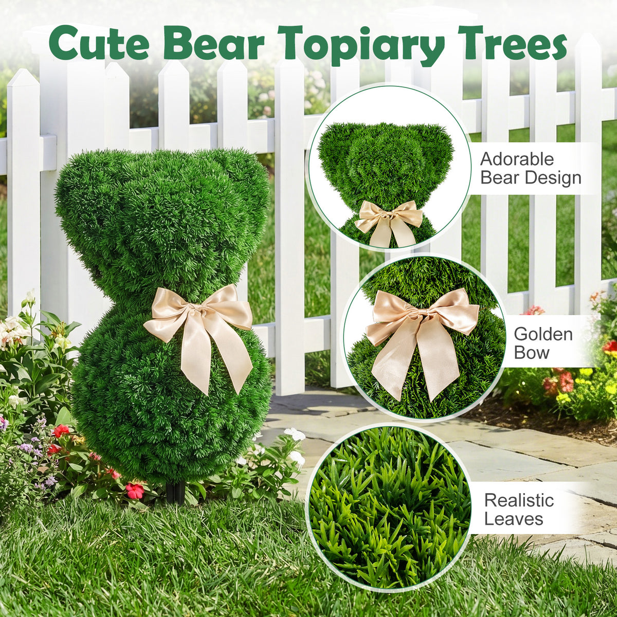 2 Pieces Teddy Bear Topiary Trees Sun-resistant Faux Boxwood Plants with Bowknot view 7