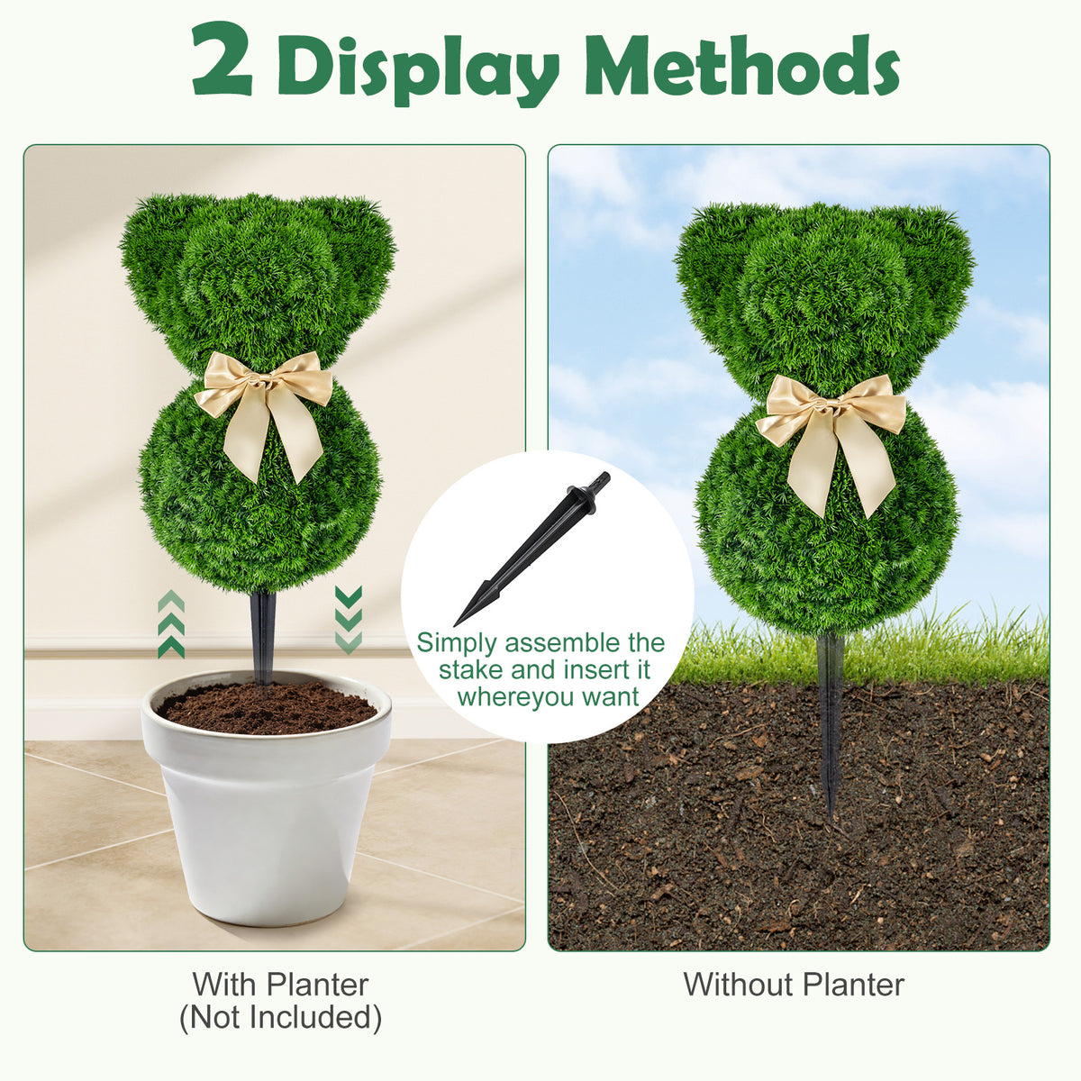 2 Pieces Teddy Bear Topiary Trees Sun-resistant Faux Boxwood Plants with Bowknot view 8