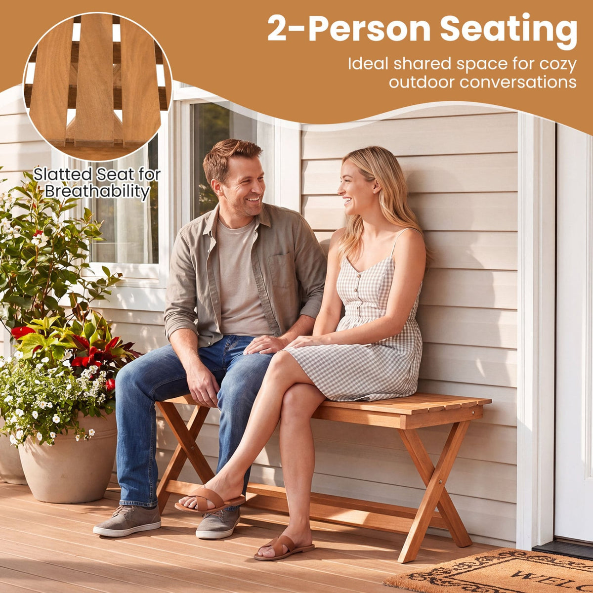 2-Seat Wooden Garden Patio Bench with X-Shaped Legs-Set of 2 view 5