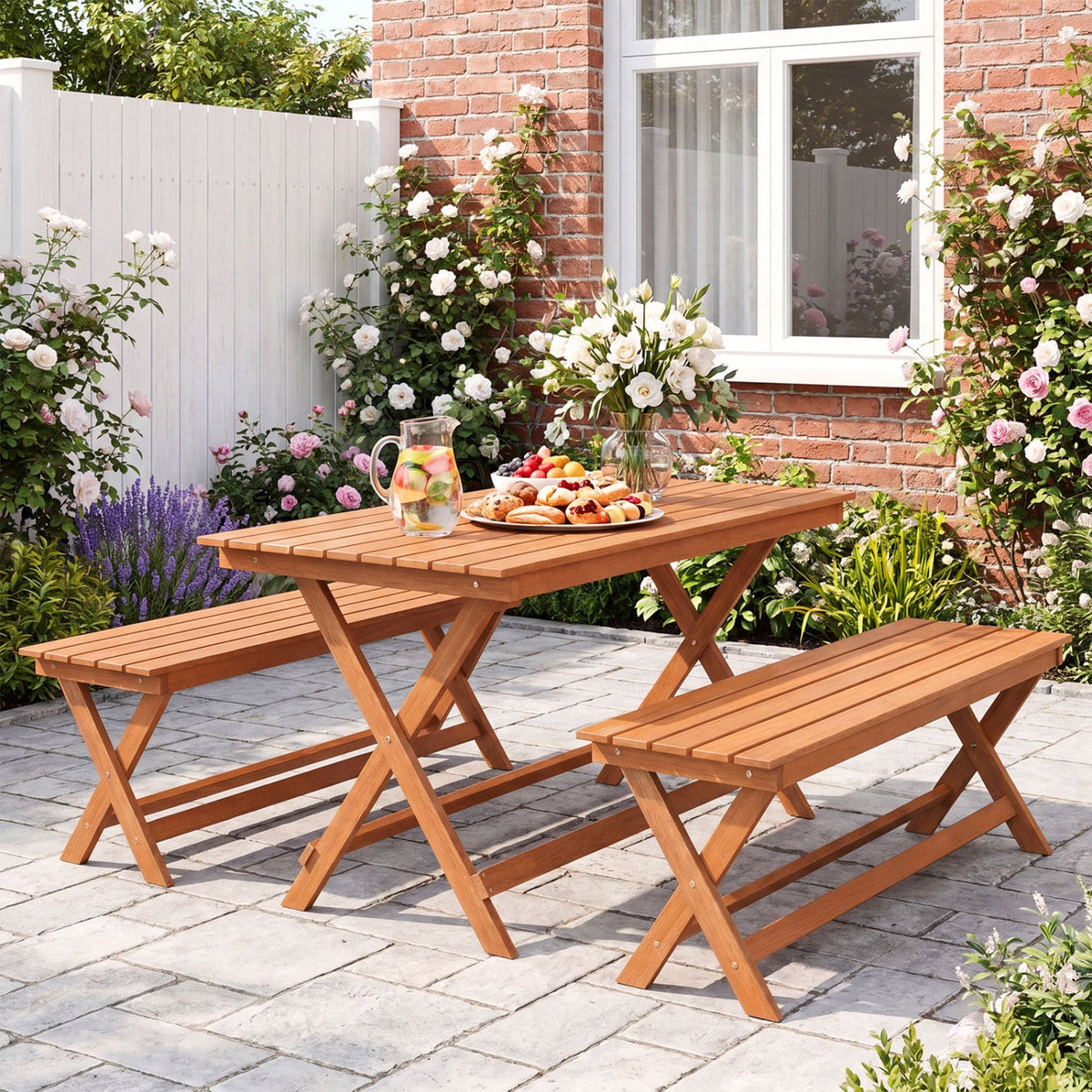 2-Seat Wooden Garden Patio Bench with X-Shaped Legs-Set of 2 view 9