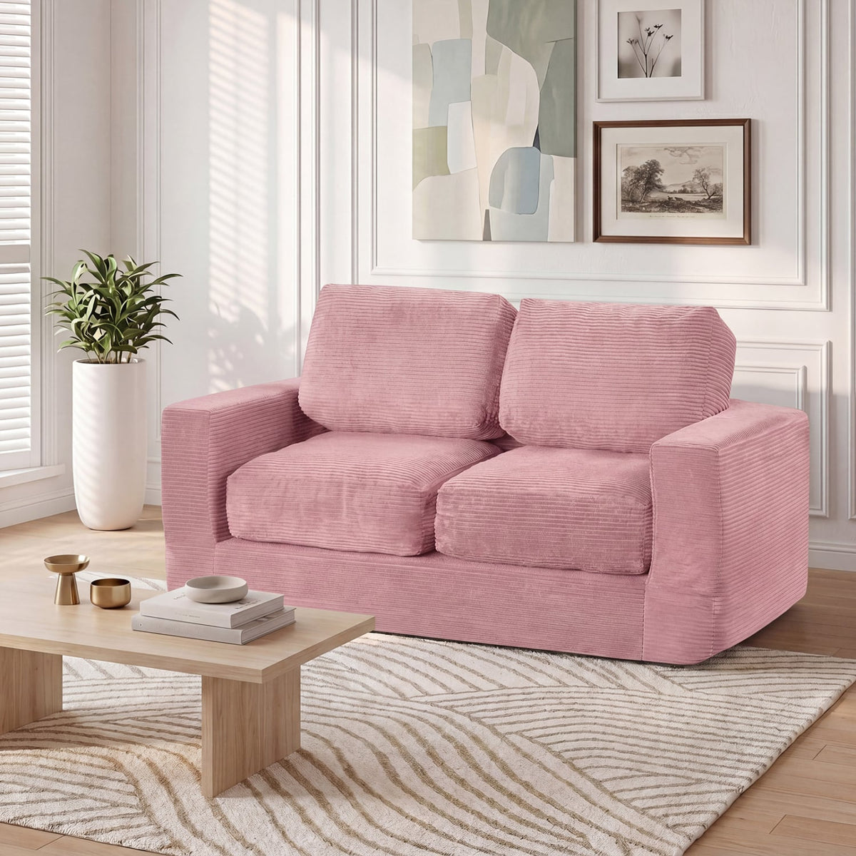 2-Seater Floor Couch Loveseat Foam Sofa with Removable Corduroy Cover-Pink view 3
